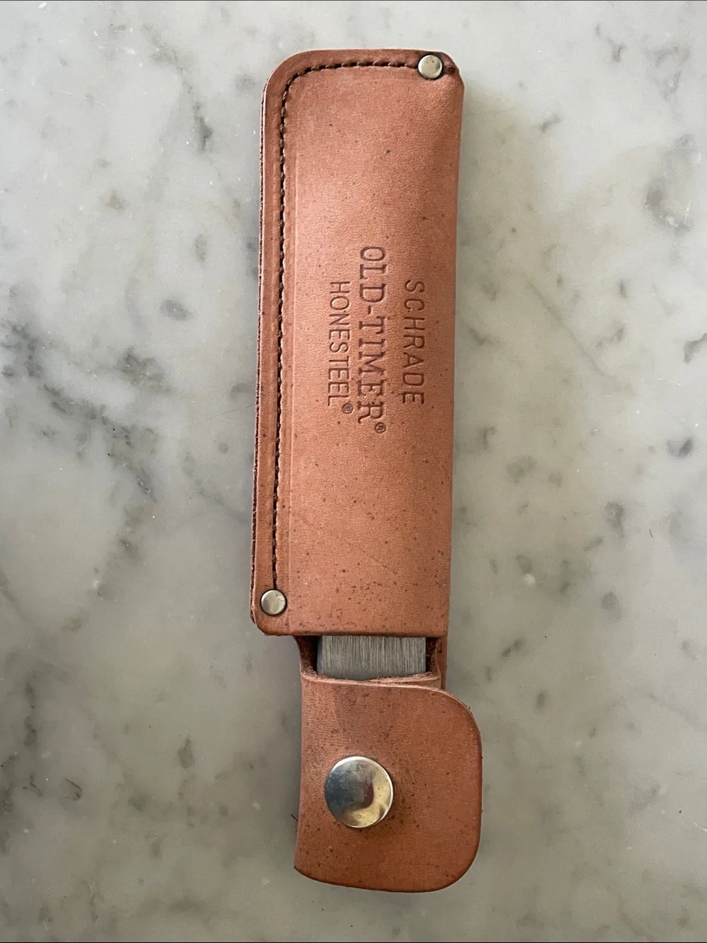 SCHRADE The Old-Timer Silver Honesteel Sharpener & Brown Leather Sheath IOB